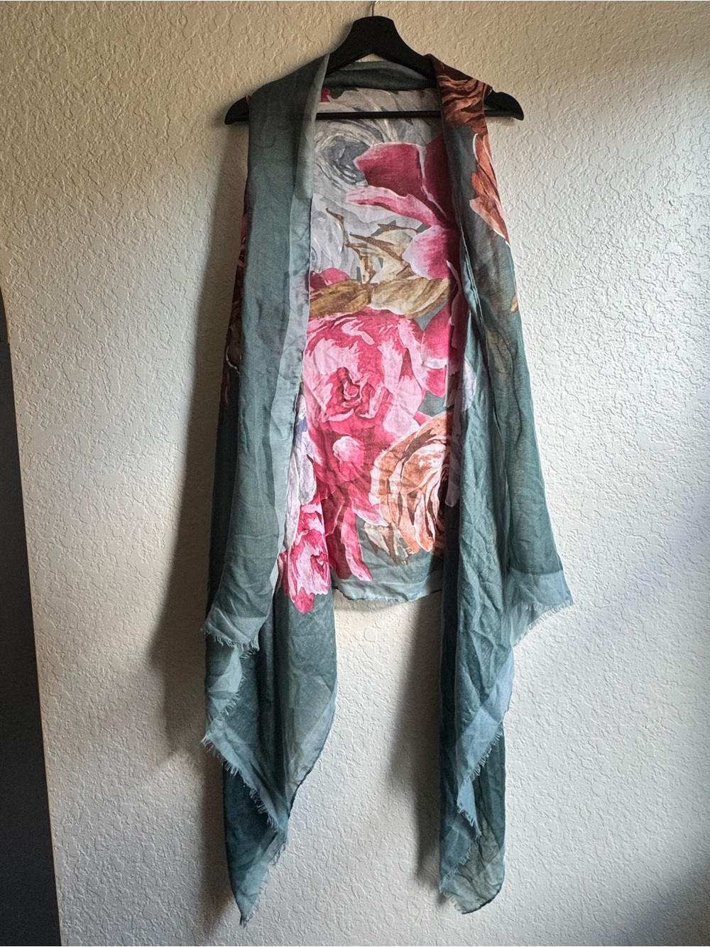 Sheer Floral Open Front Vest Duster Kimono - Sage Green & Pink - OS